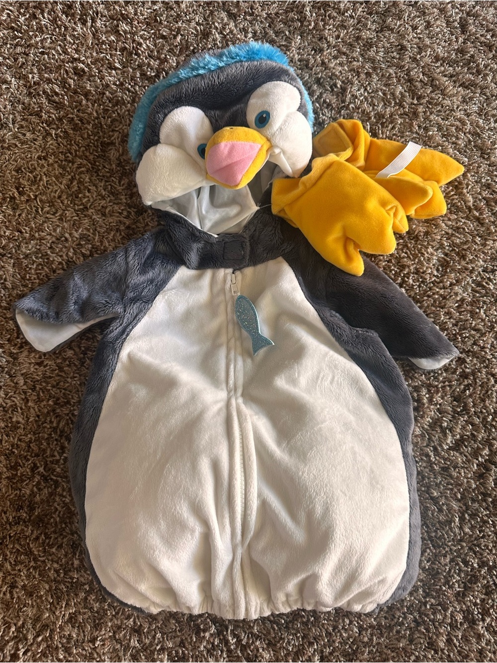 Plush Penguin One-Piece Costume in Gray, White & Yellow